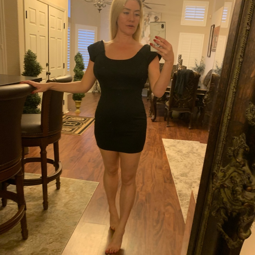 Black Foreign Exchange dress with shoulder pads & low back